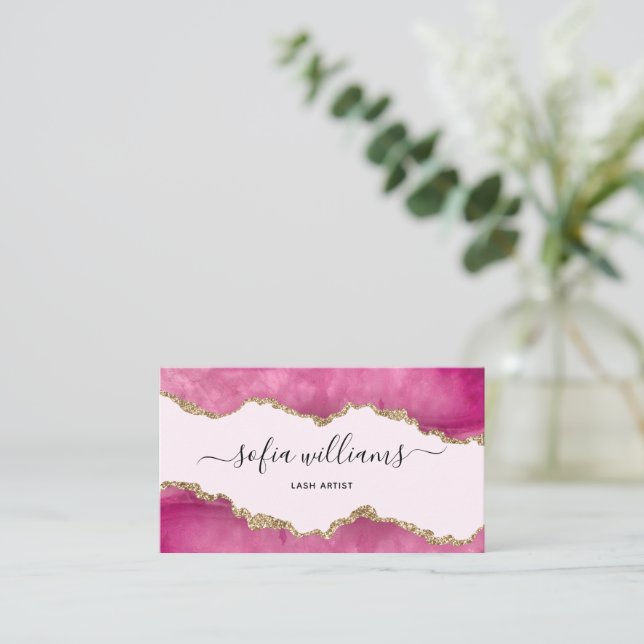 Elegant Modern Gold Glitter Pink Agate  Business C Business Card (Standing Front)