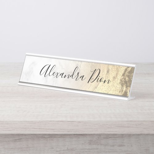 Elegant modern gold glitter white marble desk name plate