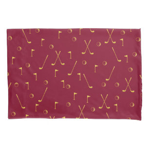 Elegant Modern Gold Golf Pattern Golfer Burgundy Pillow Case