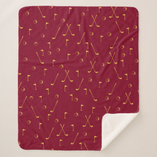 Elegant Modern Gold Golf Pattern Golfer Burgundy Sherpa Blanket