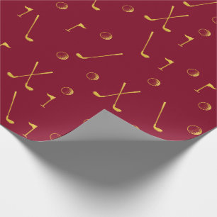 Elegant Modern Gold Golf Pattern Golfer Burgundy Wrapping Paper