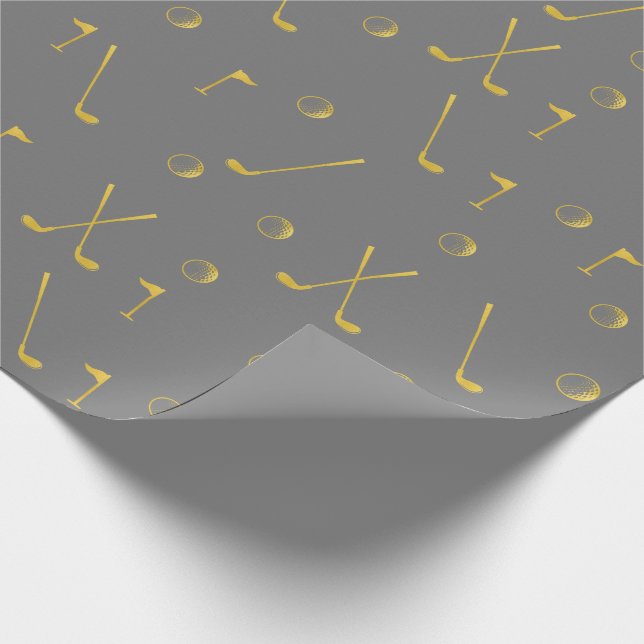 Elegant Modern Gold Golf Pattern Golfer Grey Wrapping Paper (Corner)