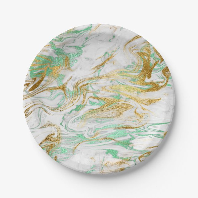 Elegant modern gold green white marble look paper plates (Front)