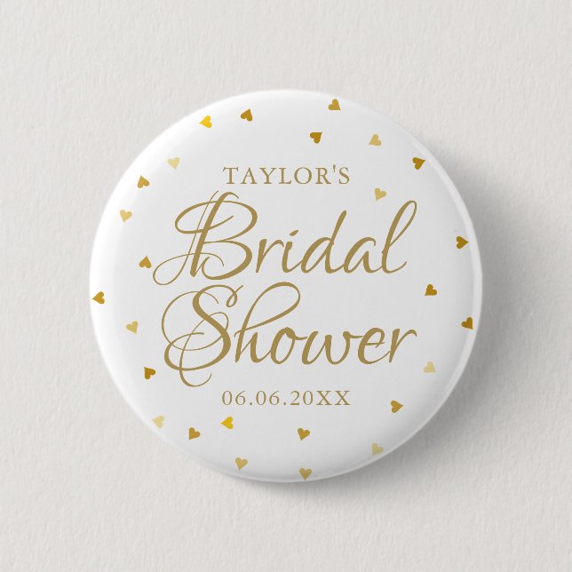 Elegant Modern Gold Hearts Bridal Shower Button (Front)