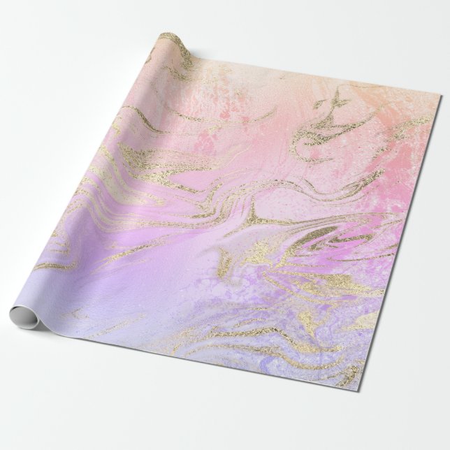 Elegant modern gold holographic marble & glitter wrapping paper (Unrolled)