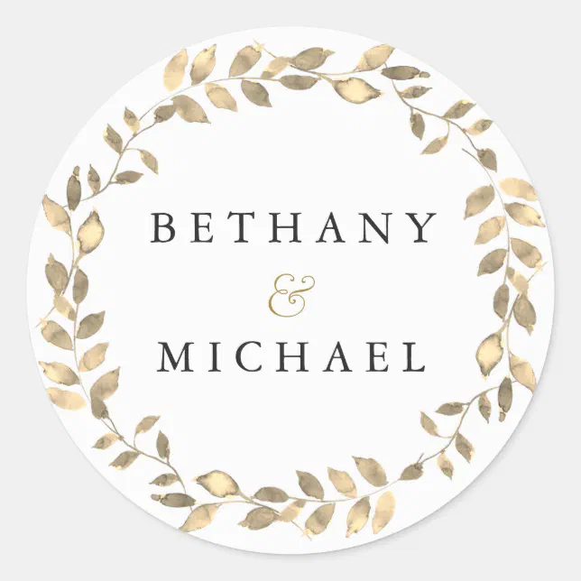 Elegant Modern Gold Leaf Wreath Wedding Name Classic Round Sticker Zazzle