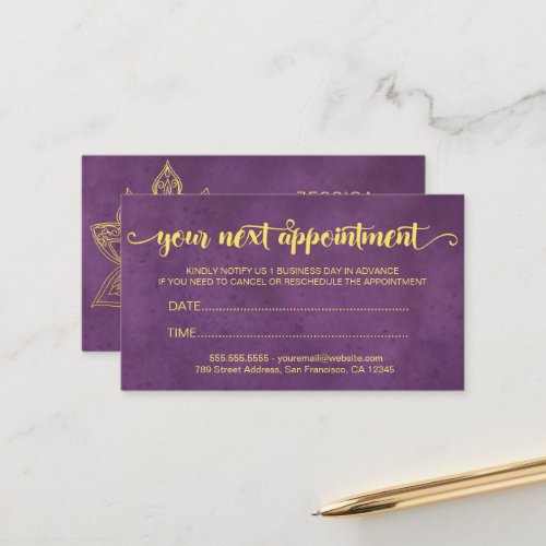 Elegant Modern Gold Lotus Flower Purple Appointment Card