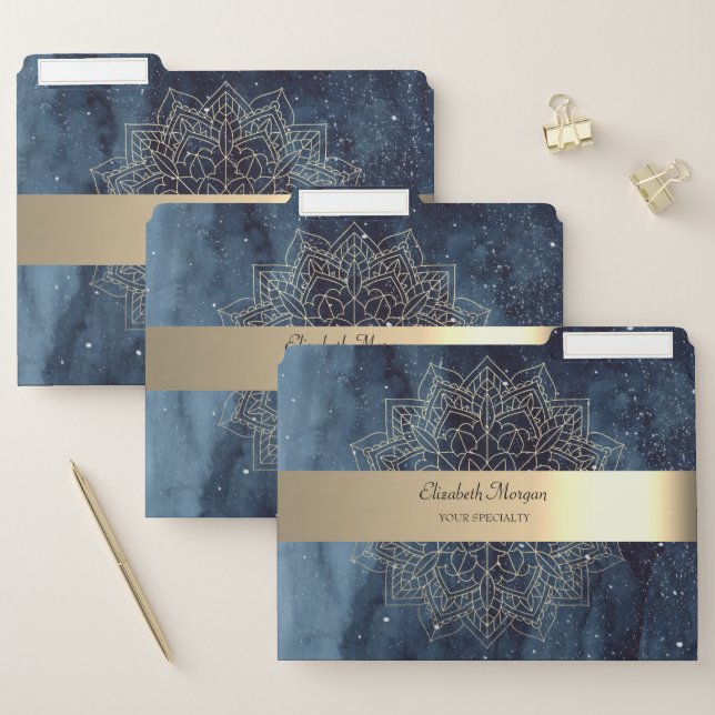 Elegant Modern Gold Mandala Stripe Navy Blue File Folder (Set)