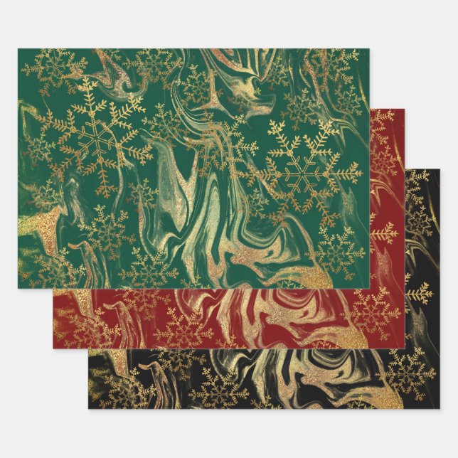 Elegant modern gold marble snowflakes wrapping paper sheets (Set)