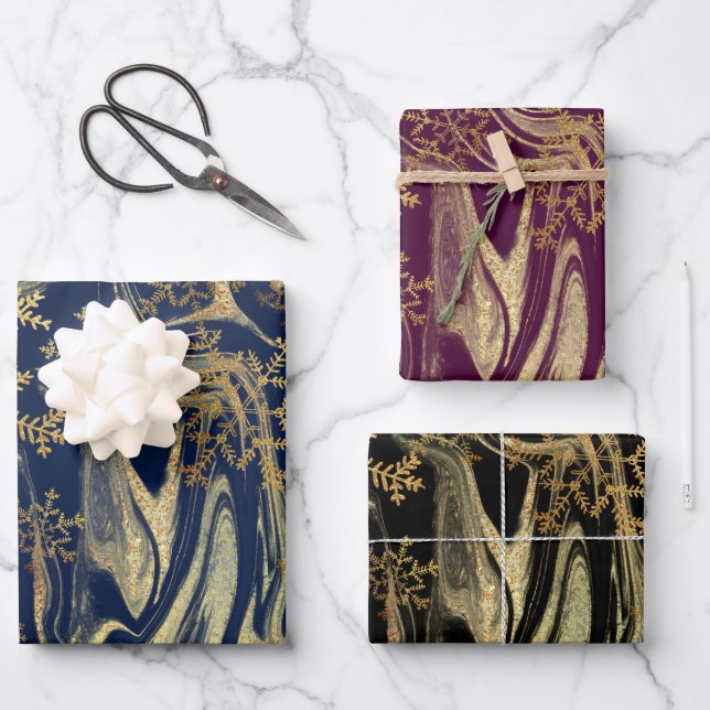 Elegant modern gold marble snowflakes  wrapping paper sheets (Front)
