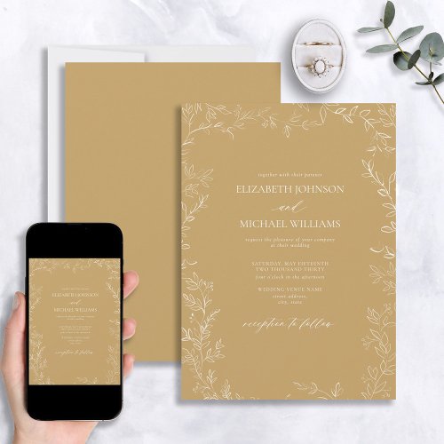 Elegant Modern Gold Minimal Leaf Wedding Invitation