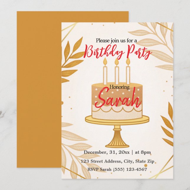 elegant modern gold minimalist birthday party  invitation (Front/Back)