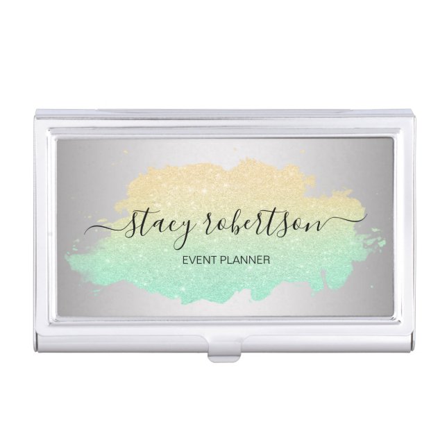 Elegant modern gold & mint glitter planner business card case (Front)