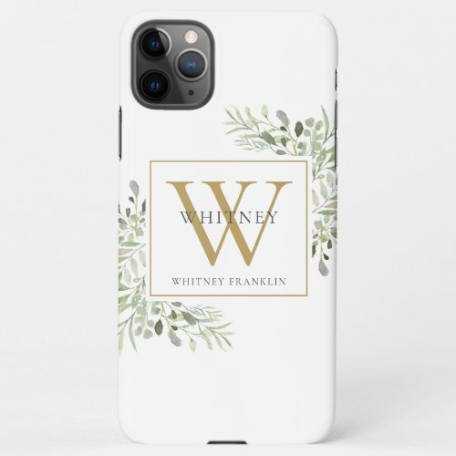 Elegant Modern Gold Monogram Greenery iPhone 11Pro Max Case