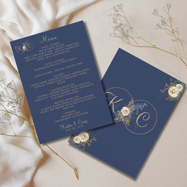 Elegant Modern Gold Monogram Navy Blue Wedding  Menu (Creator Uploaded)