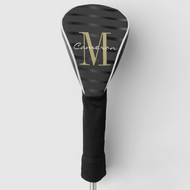 Elegant Modern Gold Monogram On Black Gift Golf Head Cover (Front)