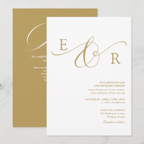 Elegant Modern Gold Monogram QR Code Wedding Invitation
