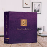 Elegant modern gold monogrammed leather purple 3 ring binder<br><div class="desc">Luxury exclusive looking monogrammed office or personal work organizer binder featuring a faux copper metallic gold glitter square and dividers over a stylish purple indigo faux leather background. Suitable for small business, corporate or independent business professionals, personal branding or stylists specialists, makeup artists or beauty salons, boutique or store managers....</div>