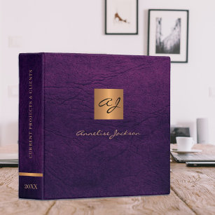 Elegant modern gold monogrammed leather purple 3 ring binder