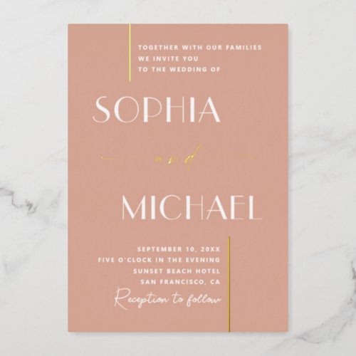 Elegant modern gold pastel pink minimalist wedding foil invitation
