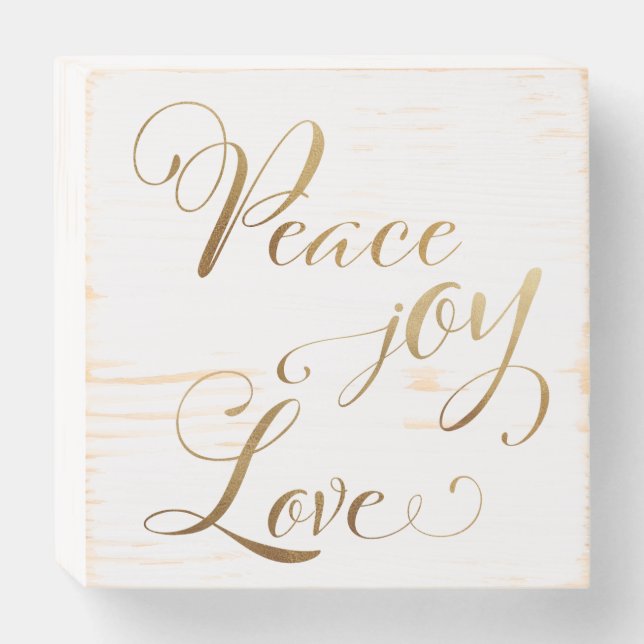 Elegant Modern Gold Peace Joy Love Christmas Wooden Box Sign (Front Horizontal)