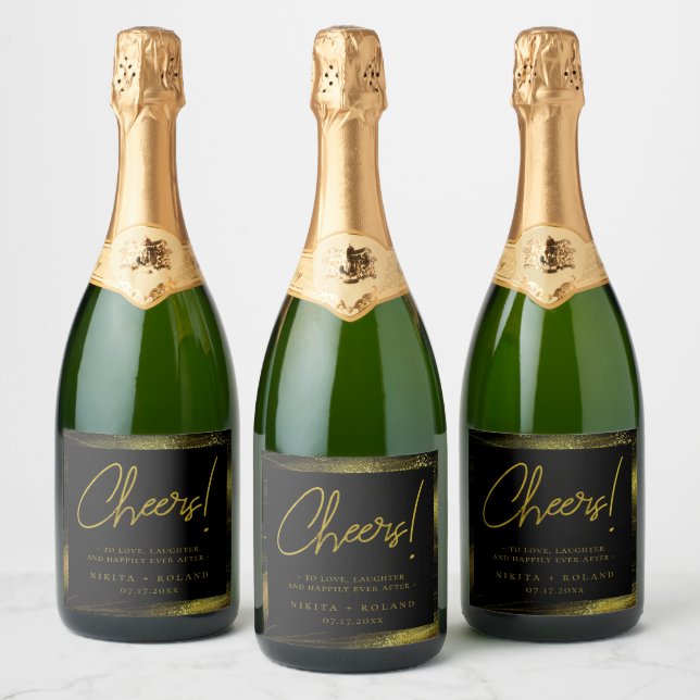 Elegant Modern Gold Personalized Black Sparkling Wine Label (Bottles)