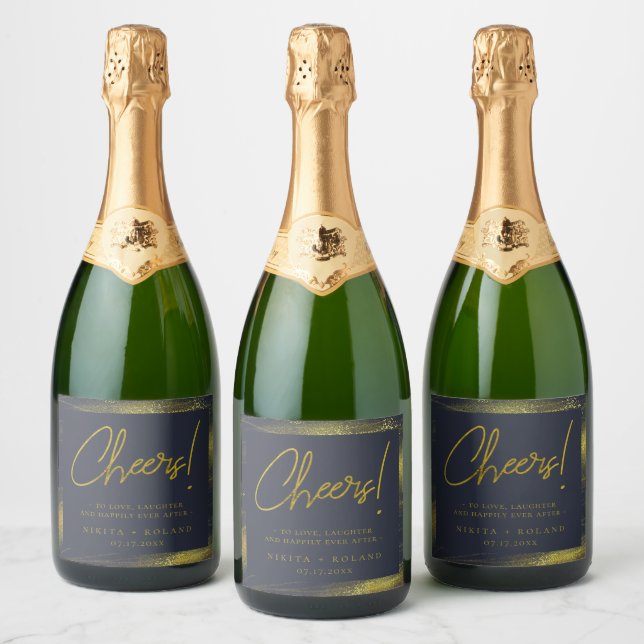 Elegant Modern Gold Personalized Navy Blue Sparkling Wine Label (Bottles)
