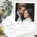 Elegant Modern Gold Photo Save the Date Wedding Announcement Postcard<br><div class="desc">This simply chic photo wedding save the date postcard template features an elegant, minimalist, modern design. Please browse our shop for versions of this design with Save the Date text in other colors, and in a flat card format, too! The front features your first names under your favorite photo and...</div>