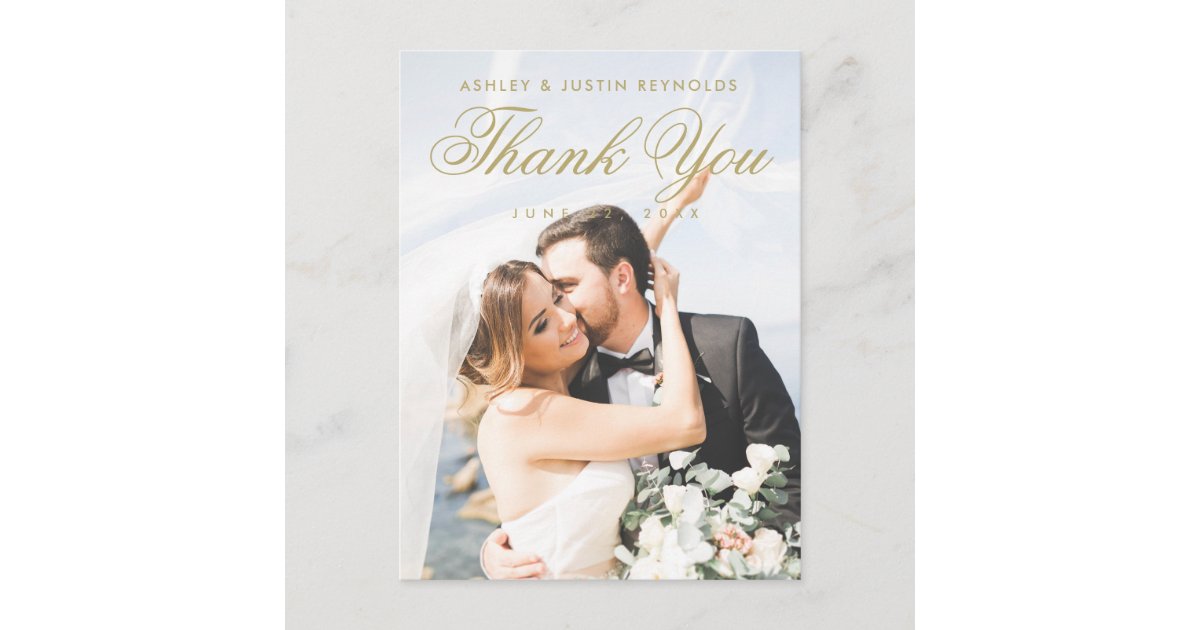 Elegant Modern Gold Photo Wedding Thank You Postcard | Zazzle
