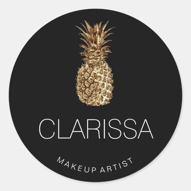 Elegant modern gold pineapple black makeup classic round sticker (Front)
