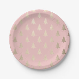 Elegant modern gold & pink Christmas tree pattern Paper Plates