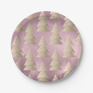 Elegant modern gold & pink Christmas tree pattern Paper Plates