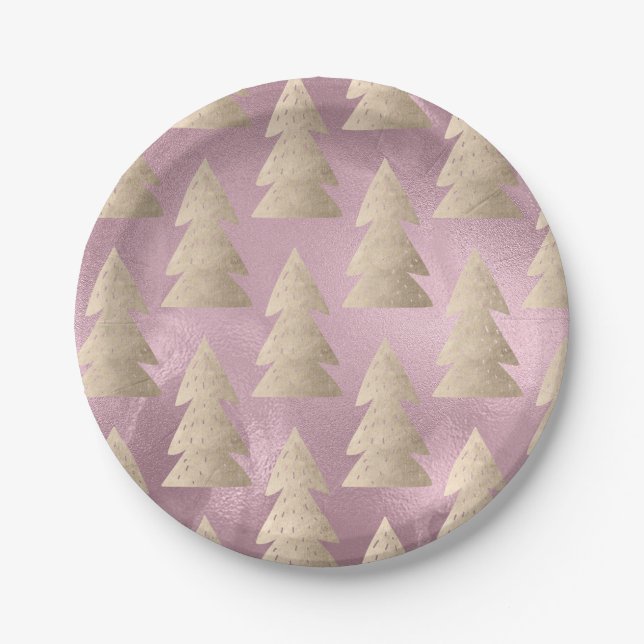 Elegant modern gold & pink Christmas tree pattern Paper Plates (Front)