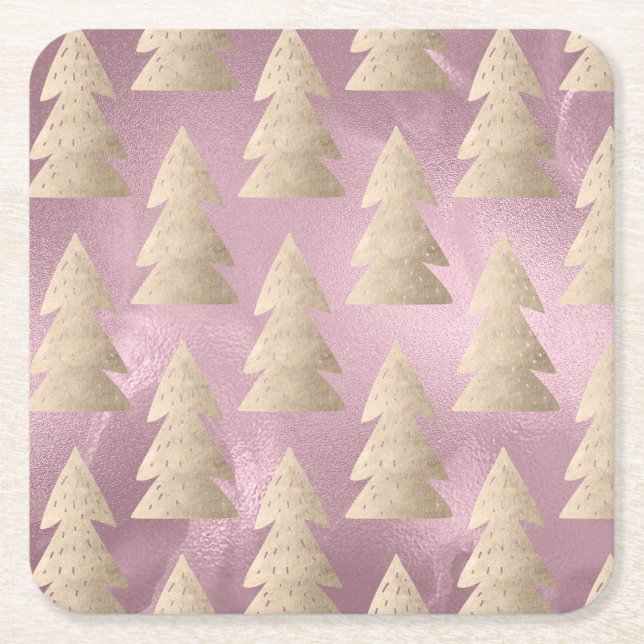 Elegant modern gold & pink Christmas tree pattern Square Paper Coaster (Front)