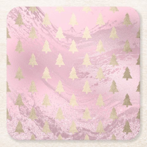 Elegant modern gold  pink Christmas tree pattern Square Paper Coaster