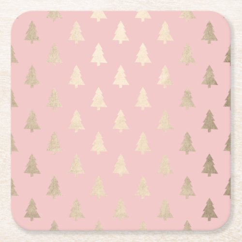 Elegant modern gold  pink Christmas tree pattern Square Paper Coaster