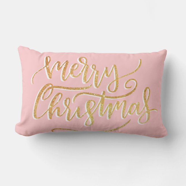 Elegant Modern Gold Pink Merry Christmas Script Lumbar Pillow (Front)