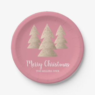 Elegant modern gold & pink Merry Christmas tree Paper Plates