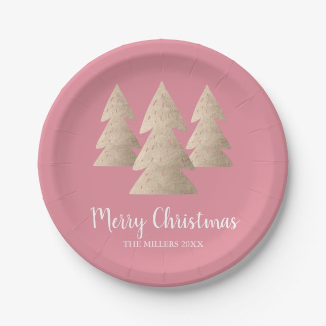 Elegant modern gold & pink Merry Christmas tree Paper Plates (Front)