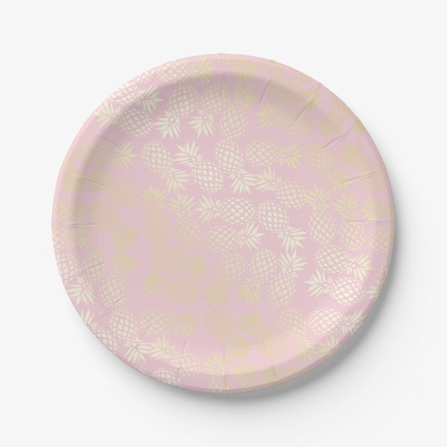 Elegant modern gold & pink pineapple pattern paper plates (Front)