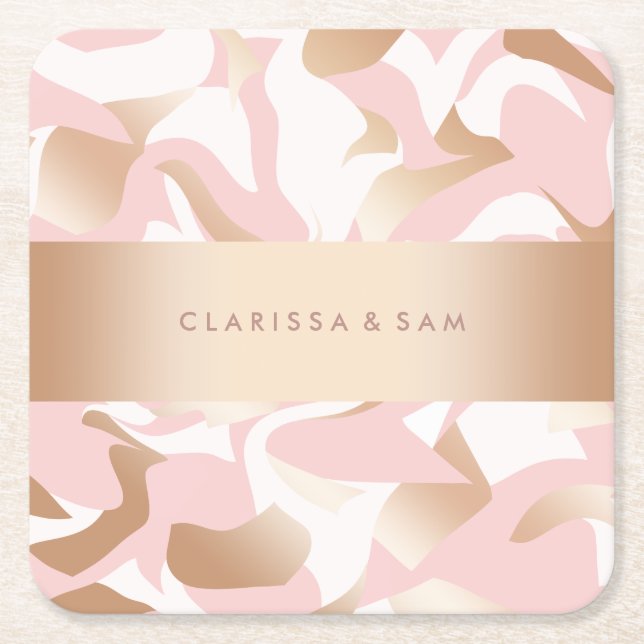 Elegant modern gold pink white abstract pattern square paper coaster (Front)