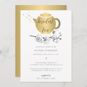 Elegant Modern Gold Pot Hearts Orchid Bridal Tea Invitation