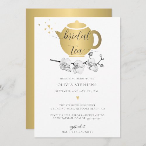 Elegant Modern Gold Pot Hearts Orchid Bridal Tea Invitation