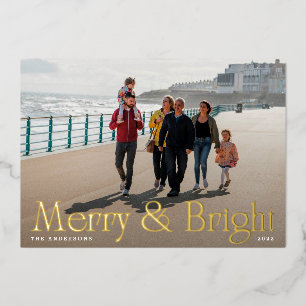 Elegant Modern Gold Pressed Photo Merry and Bright Foil Holiday Card