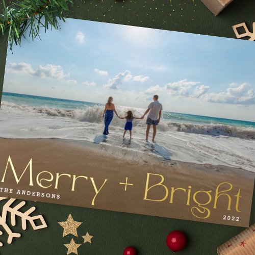 Elegant Modern Gold Pressed Photo Merry and Bright Foil Holiday Card