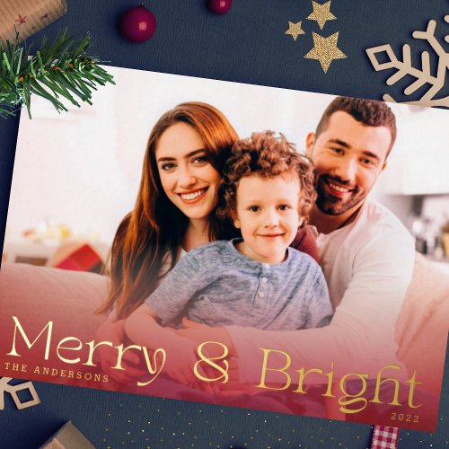 Elegant Modern Gold Pressed Photo Merry and Bright Foil Holiday Card