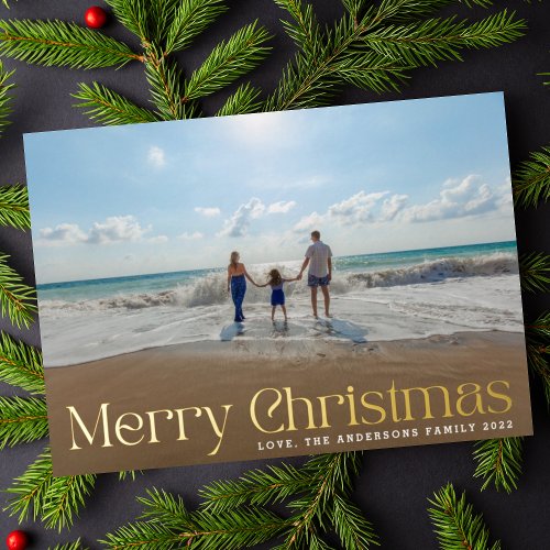 Elegant Modern Gold Pressed Photo Merry Christmas Foil Holiday Card