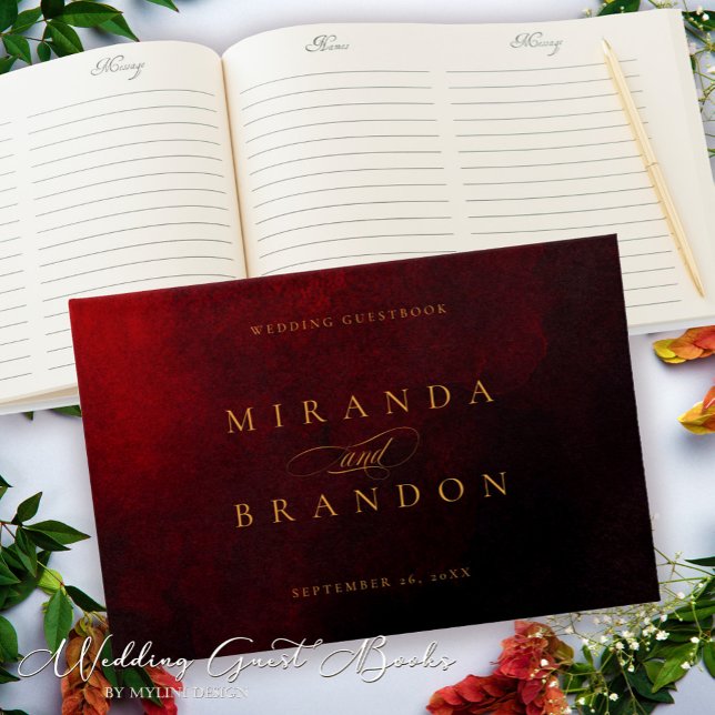 Elegant Modern Gold Red Black Wedding Guest Book (Creator Uploaded)