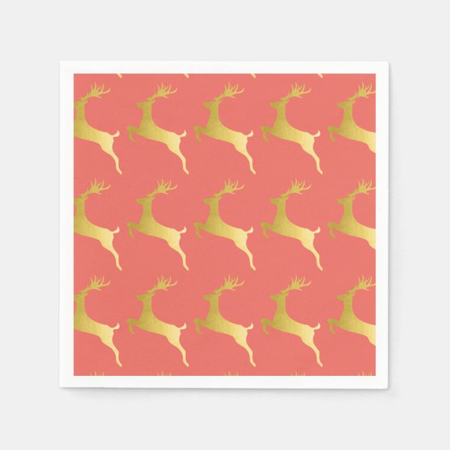 Elegant Modern Gold Red Christmas Reindeer Pattern Napkins (Front)