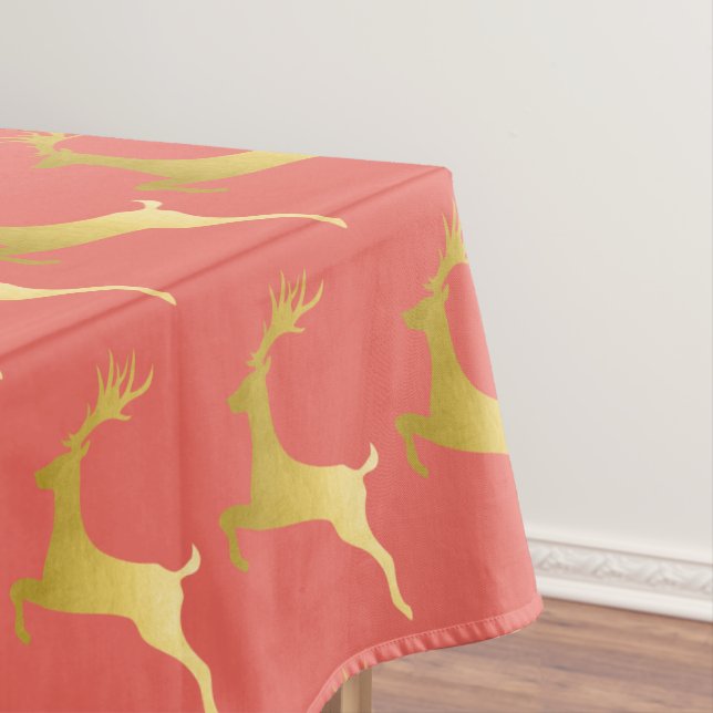 Elegant Modern Gold Red Christmas Reindeer Pattern Tablecloth (In Situ)